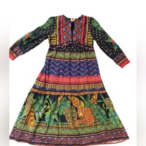 FARM RIO Dress Women Medium Midi Forest Tapestry‎ Linen Blend Boho Cottagecore